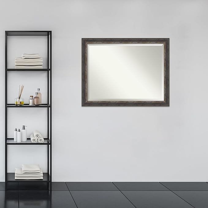 Amanti Art Brown Bathroom Mirror for Over Sink, 35x45 Bark Rustic Char Rectangle Vanity Mirror, X-Large Country Rustic Frame, Hangs Horizonally and Vertically, Bathroom Wall Decor, Beveled Edge