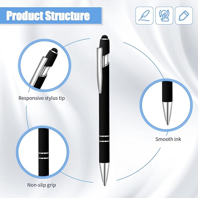 8 Pieces Ballpoint Pen with Stylus Tip Black Ink 2 in 1 Stylus Metal 1.0 mm Medium Point Smooth Pen Rainbow Colorful Rubberized Ballpoint for Touch Screen Tablet(Black)