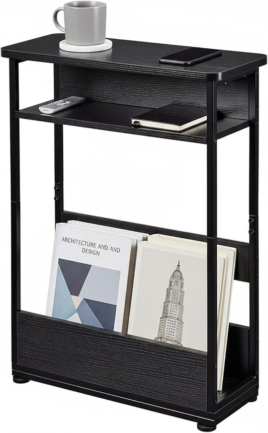 Vintage Narrow Side Table with Storage Shelf, 3 Tier Slim End Table Modern Sofa Table for Narrow and Small Spaces, 24.6 Inch Height Bedside Table Nightstand (Black, Large)