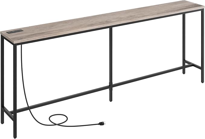 78.7" Console Table with Power Outlet, 11.8" Wide Narrow Sofa Table, Industrial Entryway Table with USB Ports, Behind Couch for Entryway, Hallway, Foyer, Living Room, Greige CTHG320E01
