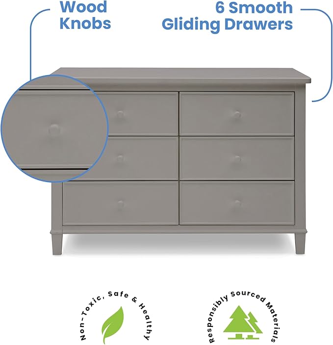 Delta Children Haven 6 Drawer Dresser with Interlocking Drawers - Greenguard Gold Certified, Grey
