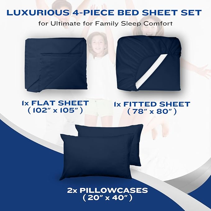 DREAMCARE California King Sheet Sets – 4 pcs Cooling Sheets – up to 21” Deep Cal King Sheets – Hotel Luxury Pillowcases – Superior Softness 100% Fine Microfiber with Side Pocket – Navy Blue