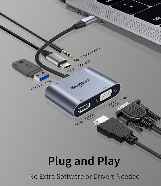 5 in 1 USB C Hub, Type c to VGA HDMI MultiPort Adapter, 4K HDMI, VGA, 100W PD, USB3.0 Port, Audio Jack, Compatible with Switch/Steam Deck/Rog Ally/iPhone 15 16/MacBook Pro/Air/iPad Pro, iMac, S23