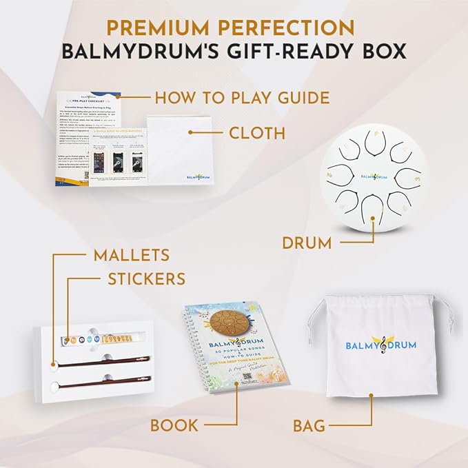 The Balmy Drum - 8 Note 6 Inch Steel Tongue Drum, Steel Drum Instrument, Drums For Children and Adults, Balmy Drum Set for Kids with Music Book, Handpan, Mallet and Carry Bag (White)