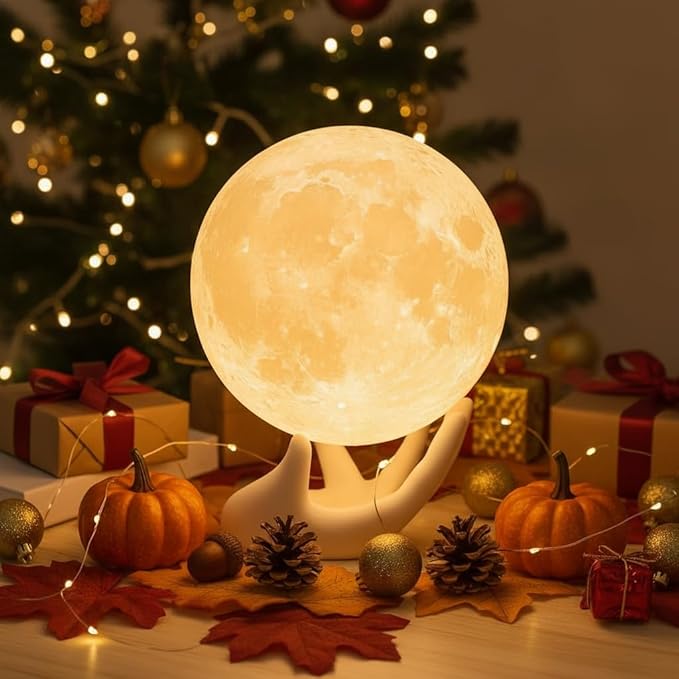 Mydethun 3.5 Inch 3D Moon Lamp – White Elephant Gift for Women Teenage Girls, Mood Lighting w/Ceramic Base, Dual-Color White/Yellow, Touch-Dimmable LED Night Light for Kids Room, Christmas Decor