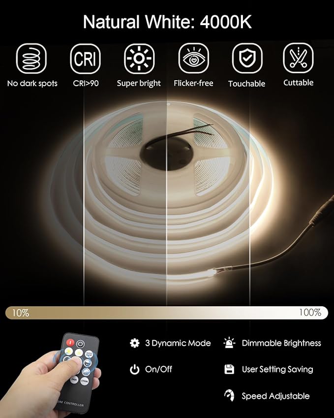 ALITOVE 32.8ft COB LED Strip Light Kit Natural White 4000K Flexible Super Bright 24V High Density LED Tape Light 3200LEDs CRI90+ Dimmable LED Light Strip for Indoor Home Commercial Lighting Decor