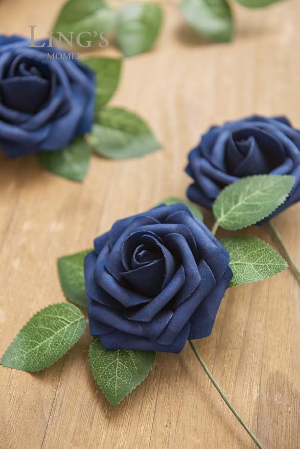 Ling's moment Artificial Flowers 50Pcs Navy Blue Roses Decor w/Stems,3" Real Touch DIY Foam Floral for Wedding Bouquet/Centerpieces, Outdoors Party Backdrop, Room/Table, and Garden/Pot Decorations