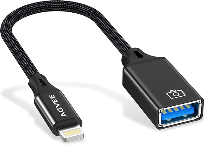 AGVEE 4 inch Lightning to USB Female Camera Adapter, OTG Cable for iPhone iPad to Connect Card Reader, USB Flash Drive, MIDI, Keyboard, Mouse, Hubs, Plug & Play, Black