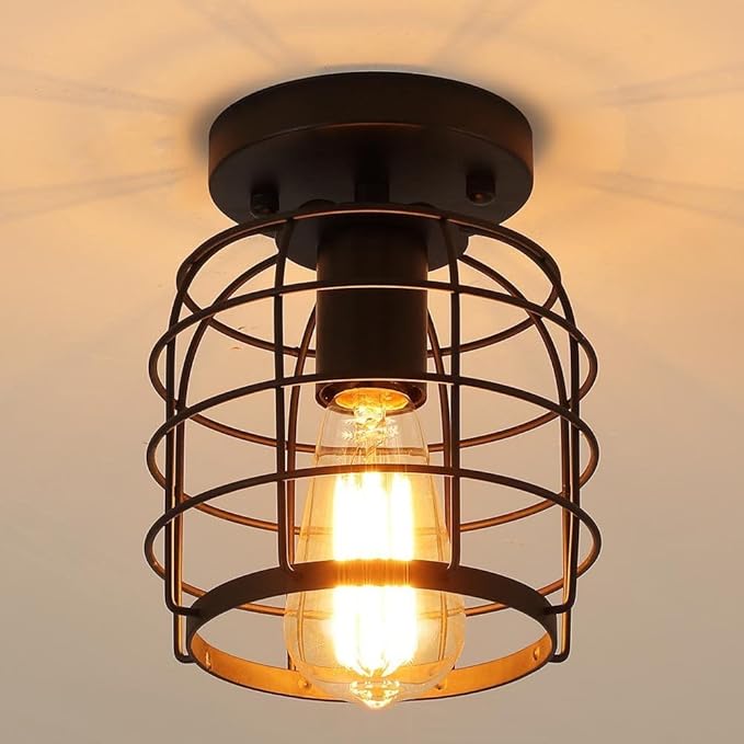 Create For Life® Industrial Vintage Flush Mount Ceiling Light,Rustic Metal Cage Semi Flush Mount Ceiling Lamp Fixture for Hallway Stairway Kitchen Garage, E26, Black Finish,2 Pack