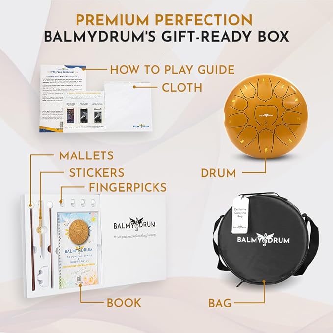 The Balmy Drum - 11 Note 10 Inch Steel Tongue Drum, Steel Drum Instrument, Drums For Children and Adults, Balmy Drum Set for Kids with Music Book, Handpan, Mallet and Carry Bag (Gold)