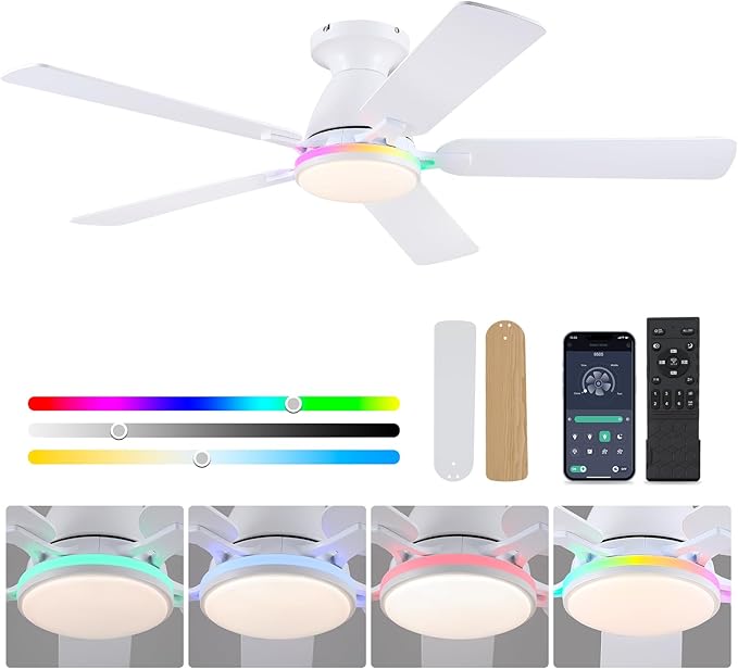 Ceiling Fans with Lights- 52" RGB Low Profile Indoor Ceiling Fan with Light and Remote/APP Control, Flush Mount, LED Dimmable DC Reversible Modern Ceiling Fan for Bedroom（White）