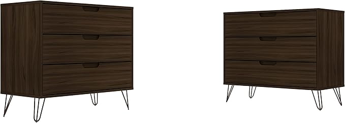 Manhattan Comfort Rockefeller 3 Drawer Dresser for Bedroom Storage, Nursery, Closet, Living Room, Entryway, TV Stand for Screens up to 32 Inches, Anti-Tip Kit Included, Set of 2, Brown