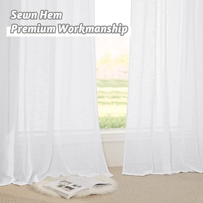 RYB HOME White Curtains & Drapes - Linen Textured Semi Sheer Curtains Privacy Panels for Living Room Bedroom Dining Bathroom Farmhouse Bay Window Decor, W 70 x L 84, 2 Pcs