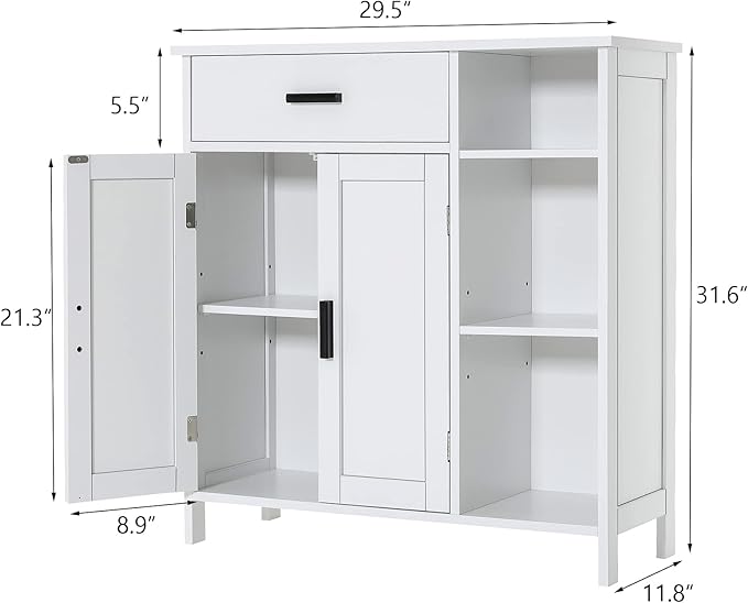 WEENFON Bathroom Cabinet, Floor Storage Cabinet with Doors and Shelves, Coffee Bar Cabinets with Drawer, for Living Room, Bathroom, Kitchen, White