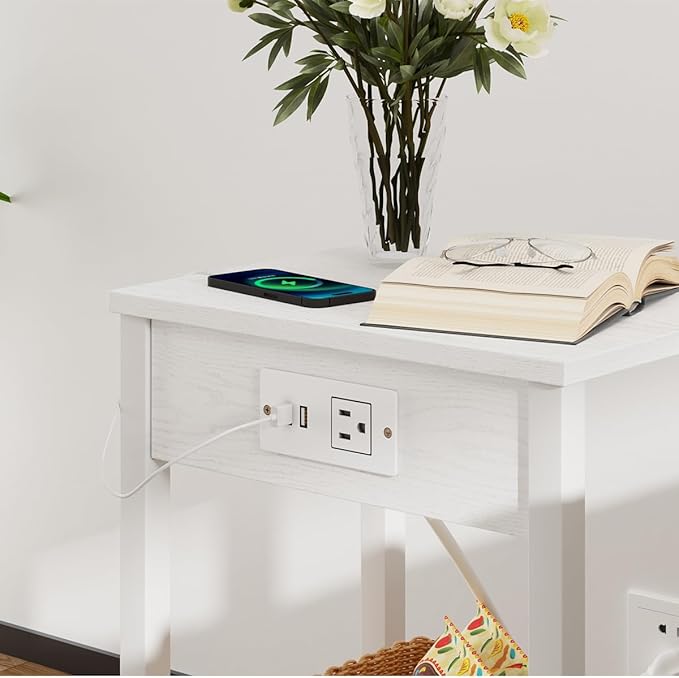 VIMBER Set of 2 End Table with Charging Station, Narrow Side Table with USB Ports and Outlets, Nightstands with 2-Tier Storage Shelves, Sofa Table for Small Space Living Room Bedroom, White UTBT102W2