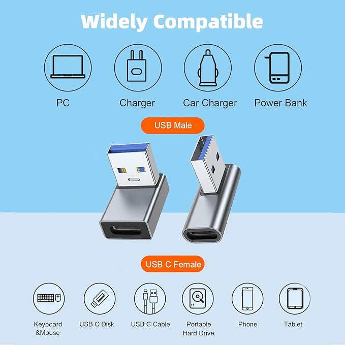 AreMe 90 Degree USB to USB C Adapter 4 Pack, Up and Down Angle, Left and Right Angle Type C Female to A Male Converter Extender for PC, Laptop, USB A Charger, Power Bank and More (Grey)