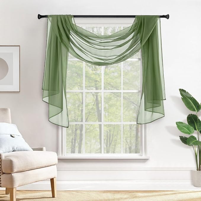 MIULEE Sheer Window Scarf Valance Extra Long Topper Spring Elegant Swag Curtains Luxury Draping Fabric for Wedding Arch Party Ceremony Canopy Bed Living Room, 54'' x 144'', 1 Panel Sage Green