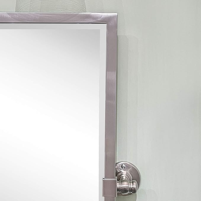 TEHOME 28.5 x 36 inch Brushed Nickel Metal Framed Pivot Rectangle Bathroom Mirror in Stainless Steel Tilting Beveled Vanity Mirrors for Wall