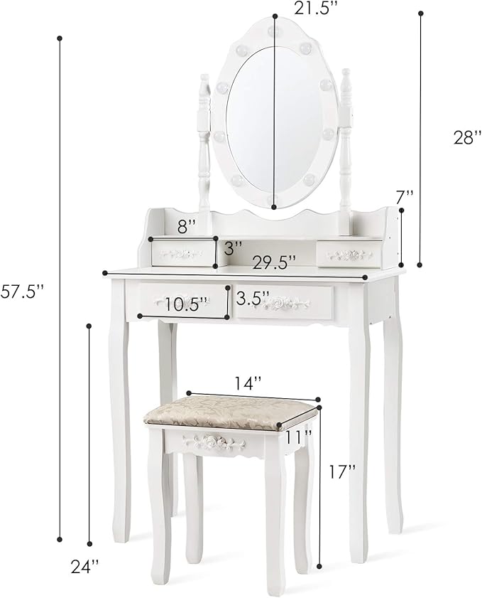 CHARMAID Makeup Vanity Table with 10 LED Lights, 4 Drawers, Storage Shelf, Rose Knob, Bedroom Dressing Makeup Table Vanity Desk with Cushioned Stool for Girls Women (White)