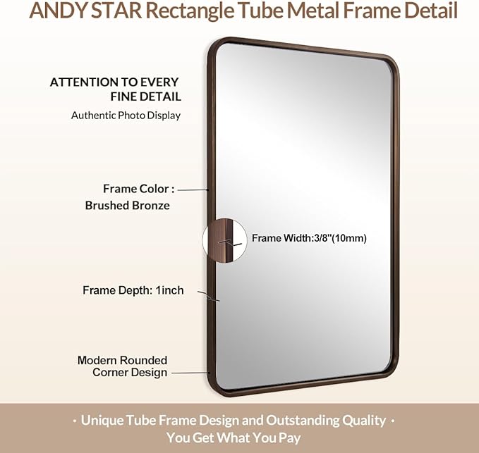 ANDY STAR Bronze Mirror for Wall, 20x28 Rounded Rectangle Farmhouse Mirror, Brushed Bronze Bathroom Mirror for Wall, Modern Vanity Mirror in Metal Frame Hang Vertically or Horizontally