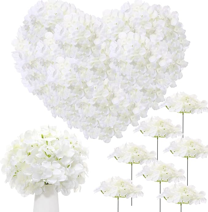 Zeyune 150 Pcs Hydrangea Artificial Flowers, Silk Flower Heads with Stems, Fake Hydrangea Bouquet for Wedding Arch Centerpiece DIY Floral Home Decoration (White)