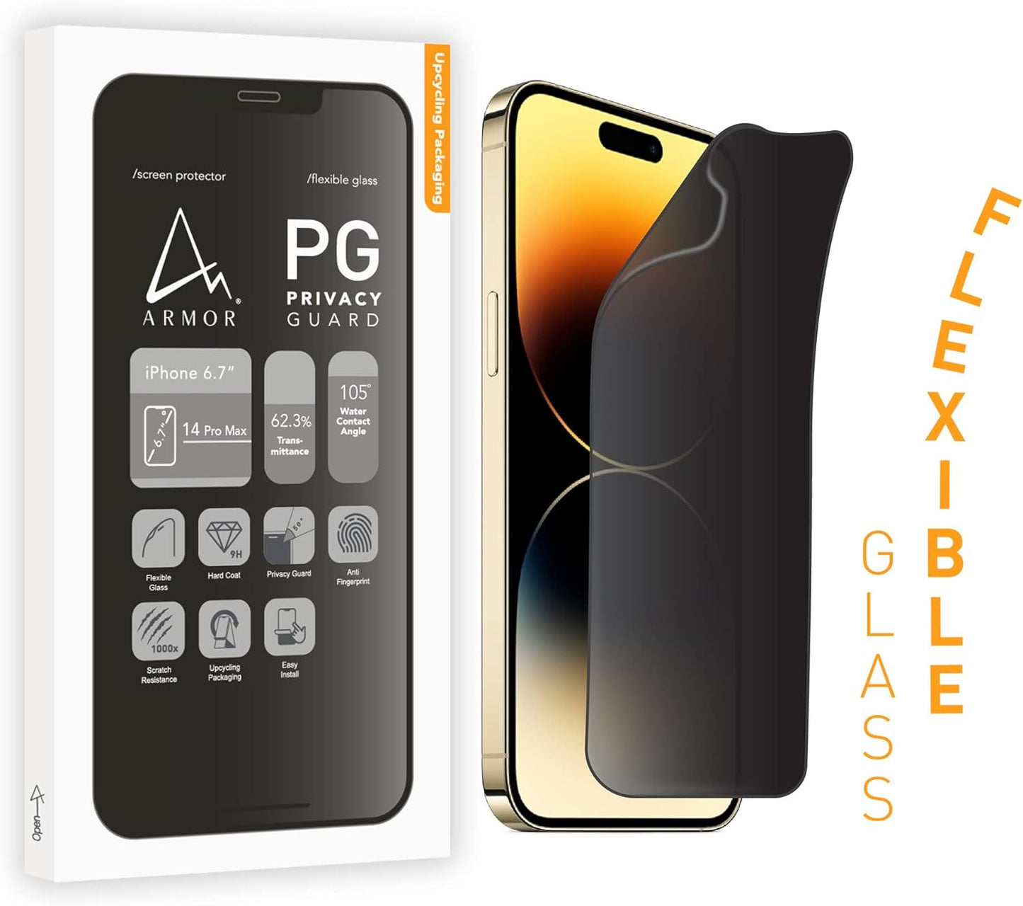 iPhone 14 Pro Max ARMOR Flexible Glass Screen Protector, 9H Privacy Guard for ultimate protection.