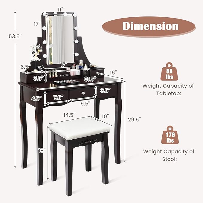 CHARMAID Vanity Desk with Mirror and Lights, Makeup Vanity Table with 5 Storage Drawers, 3 Color Lighting Modes, Adjustable Brightness, Modern Bedroom Dressing Table with Vanity Stool, Espresso