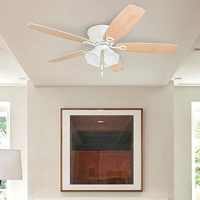 Honeywell Ceiling Fans Glen Alden, 52 Inch Classic Flush Mount Indoor LED Ceiling Fan with Light, Pull Chain, Quick-2-Hang Dual Finish Blades, Reversible Motor - 50520-01 (White)