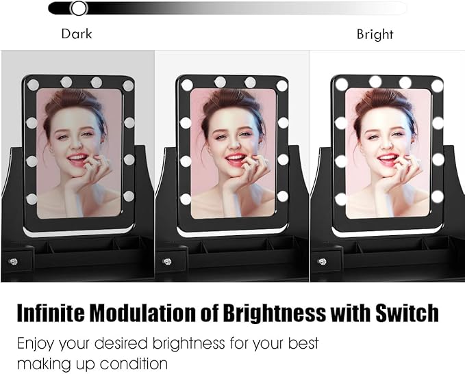 CHARMAID LED Vanity Desk with Lighted Mirror, 10 Dimming Bulbs, 5 Drawers, 3 Storage Organizers, Makeup Vanity Desk with Stool, Bedroom Dressing Table, Gift for Girls Women (Black)