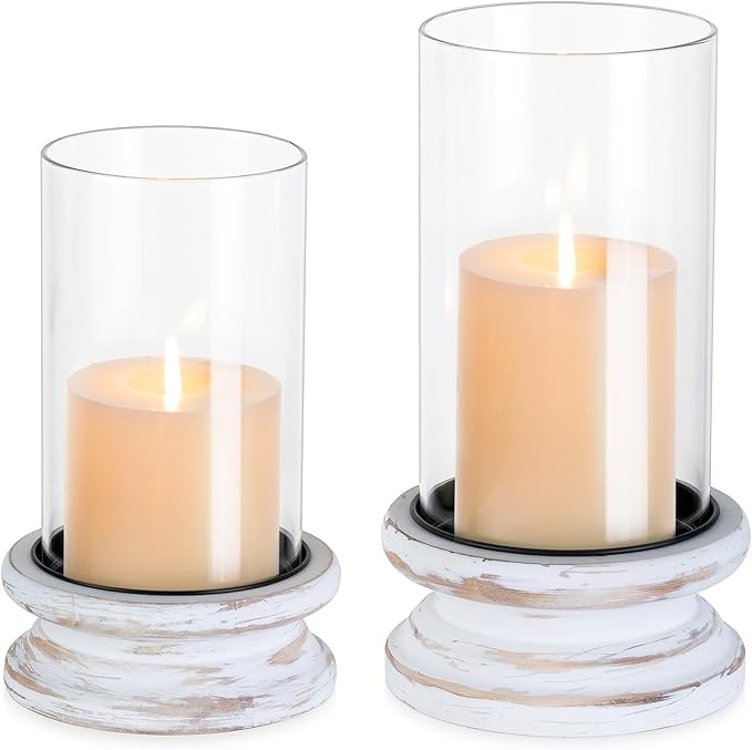 Hewory Hurricane Glass Candle Holder: Rustic White Candle Holders for Pillar Candles, Vintage Decorative Wood Stand with Clear Cylinder Glass for Table Centerpiece Fireplace Mantel Farmhouse Decor
