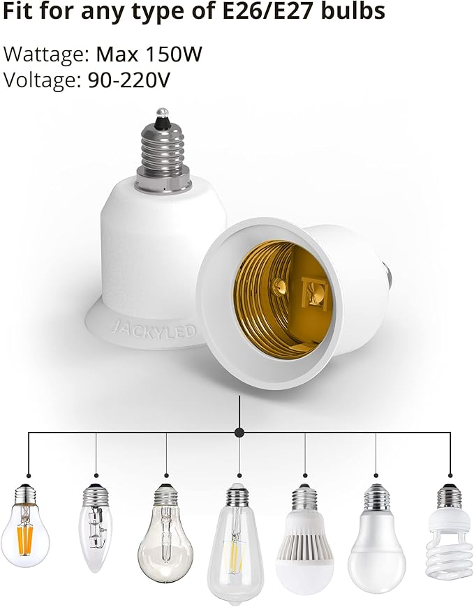 JACKYLED 5-Pack E12 to E26 Adapter, Chandelier Light Socket, Candelabra E12 to Medium Socket E26/E27 Converter Bulb Base Adapter Converter for Ceiling Fans Light, Pendant Light, Chandelier