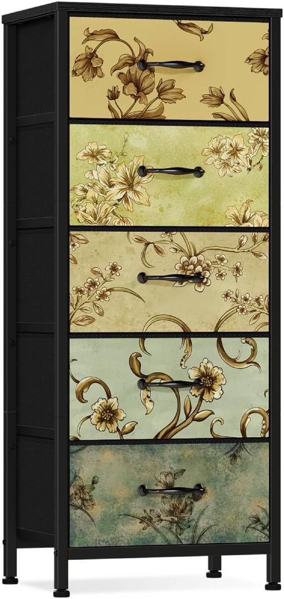 Furnulem Vertical Dresser for Bedroom, Tall Skinny Storage Tower with 5 Fabric Drawers, Chest of Drawers for Living Room, Dorm, Entryway, Vintage Furniture, Wood Top