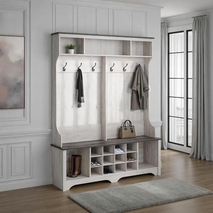 Prepac Farmhouse Washed White Hall Tree, Shoe Cabinet, Storage Cabinet with 12 Shoe Cubbies, 2 Boot Cubbies and 6 Double Coat Hooks 15.5" D x 60" W x 77" H