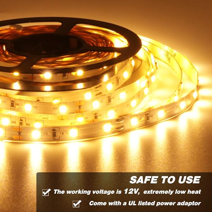 Warm LED Strip Lights,Onforu16.4ft Dimmable Strip Lighting,3000K 5m 12v Tape Light, 2835 LEDs Flexible Warm White Rope Light for Home,Kitchen,Under Cabinet,Bedroom, Christmas Decor, Non-Waterproof