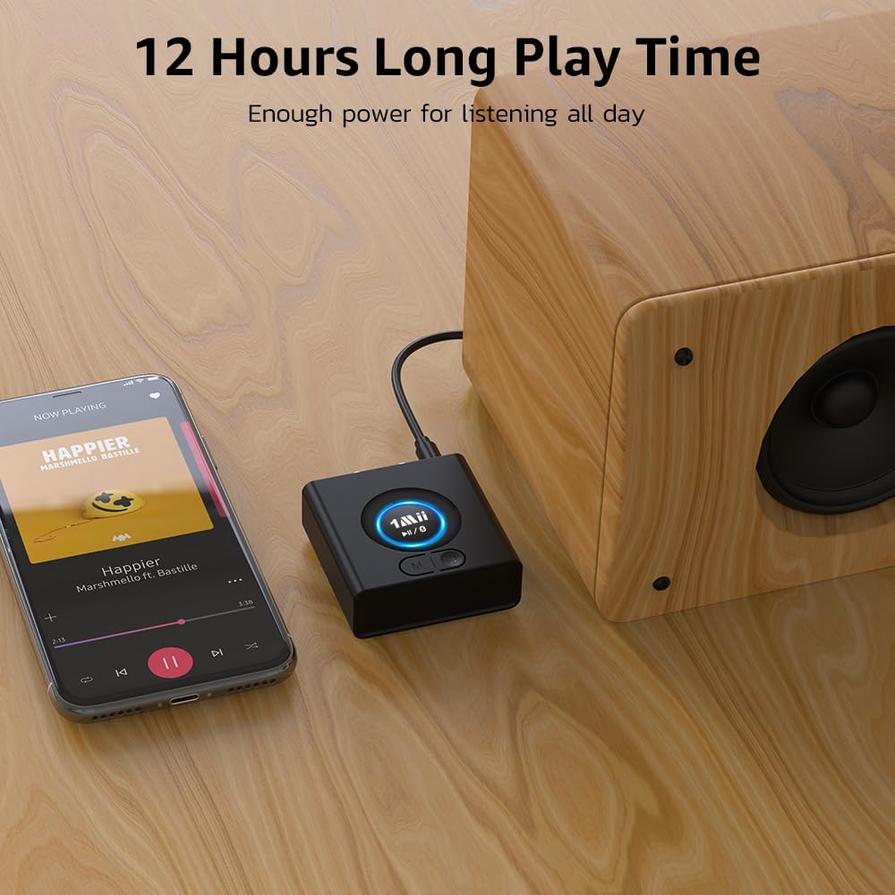 1Mii 12H 5.1 Bluetooth Receiver for Home Stereo, Wireless AUX & RCA Adapter, Dual Device Pairing, Playtime, Bass Boost