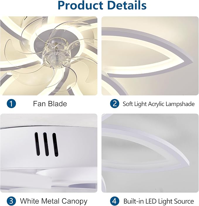 Ceiling Fan with Lights Remote Control, White Flower Ceiling Fan with Light, 3 Light Color Modern Low Profile Flush Mount Ceiling Fan for Kitchen Bedroom Living Room