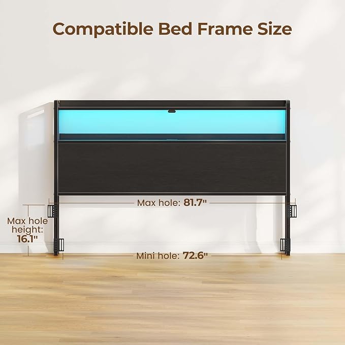 Rolanstar Headboard for King Size Bed with Storage, 60,000 DIY Color of LED Light, Head Board with USB & Type C Port, Height Adjustable, Black Cabeceras de Cama Comfortable Modern, Wood