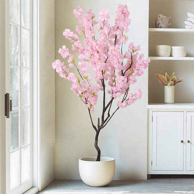 7.2ft Artificial Cherry Blossom Tree for Indoor Decor,Nearly Nature Pink Silk Flowers Fake Tree Tall,Realistic Faux Cherry Plant Wishing Tree Outdoor Front Door Handmade for Office Living Room Decor