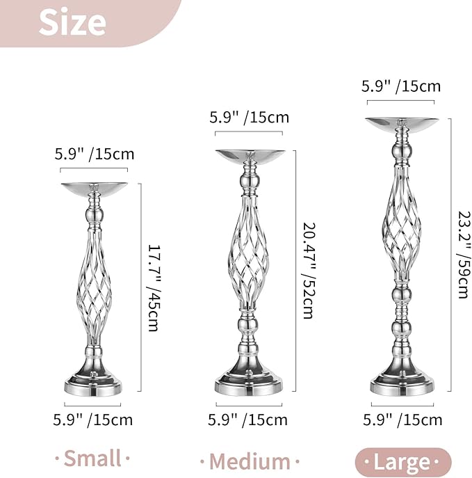 Set of 2 Versatile Silver Flower Arrangement Stand & Pillar Candle Holder Set for Wedding Party Dinner Centerpiece Event Restaurant Hotel Decoration (Silver Twist Style, 2 x L)