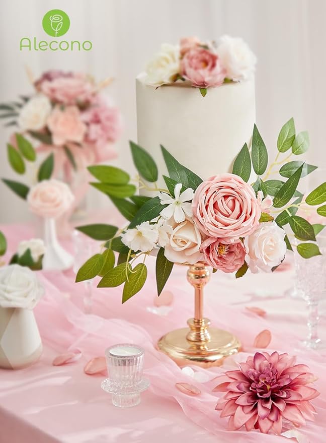 Alecono Artificial Flowers, Pink Fake Flowers for Decorastion, Wedding Flowers for Cake Party Home Table Centerpieces Decor