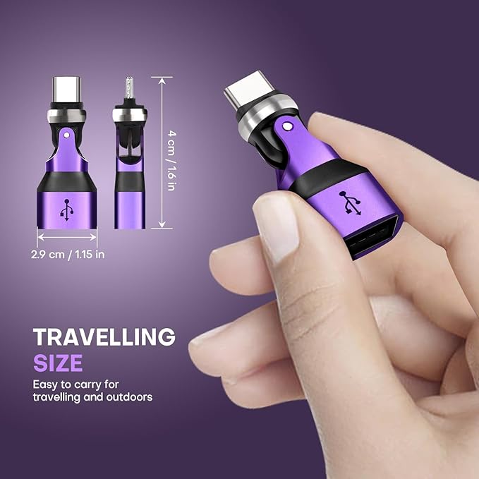 USB Adapter Type C to A 2 Pack 180° & 360° Rotation USB2.0 480Mbps Phone OTG Port Fast Charge Extender with LED Indicator (Purple)