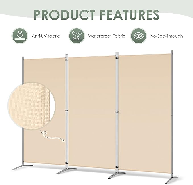 RANTILA 3 Panel Room Divider, 6 Ft Tall Folding Privacy Screen Freestanding Room Partition Wall Dividers, 102''W x 20''D x 71''H, Beige