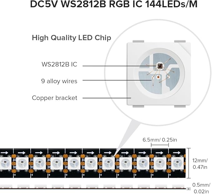 SEZO WS2812B LED Strip Light 3.3FT/1M 144LEDs/m Individually Addressable Programmable 5050SMD Digital RGB Alloy Wires Flexible Dream Color IP30 Non-Waterproof PCB Black DC5V