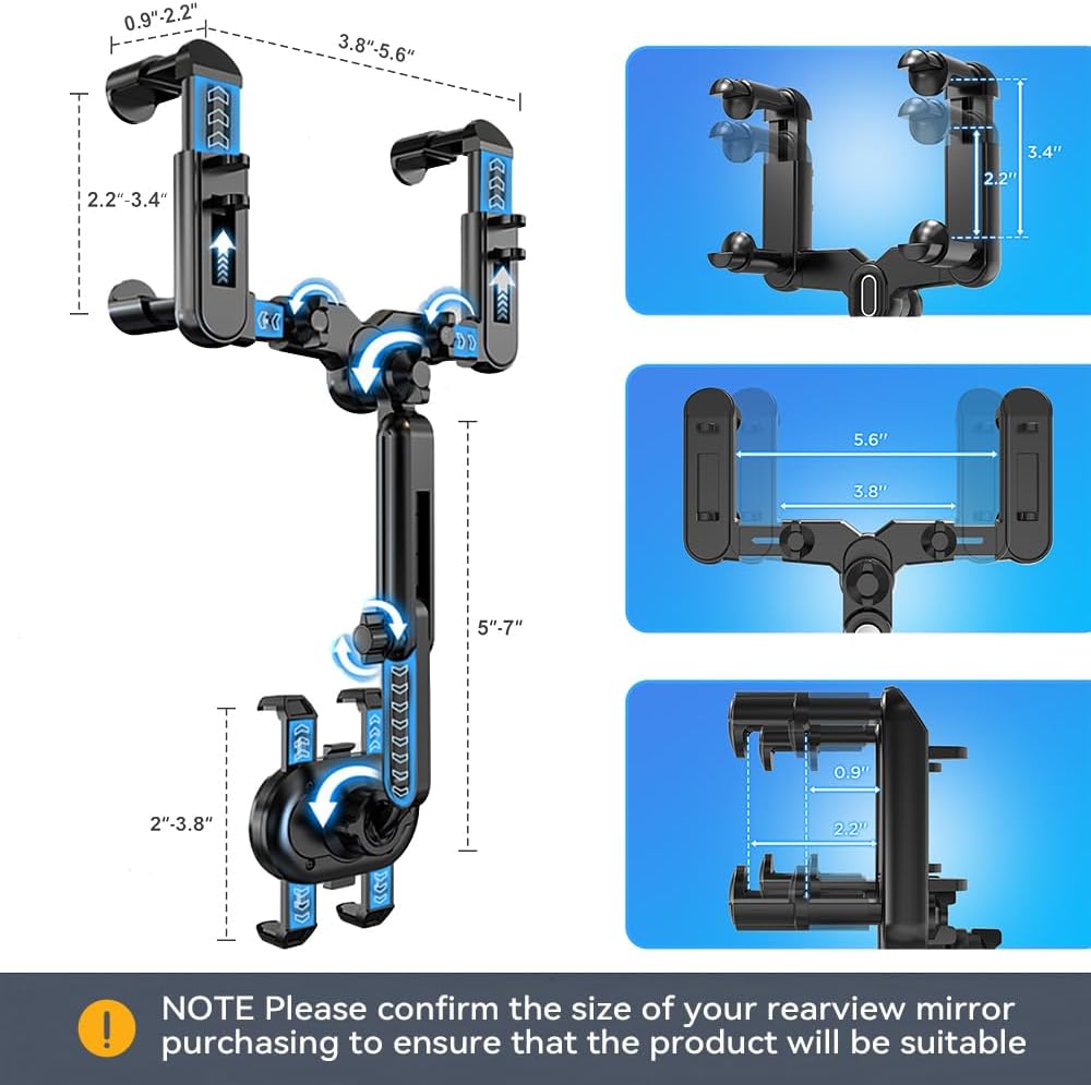 Rearview Mirror Phone Holder for Car, 360° Rotatable Anti-Shake Design for All Phones and Cars