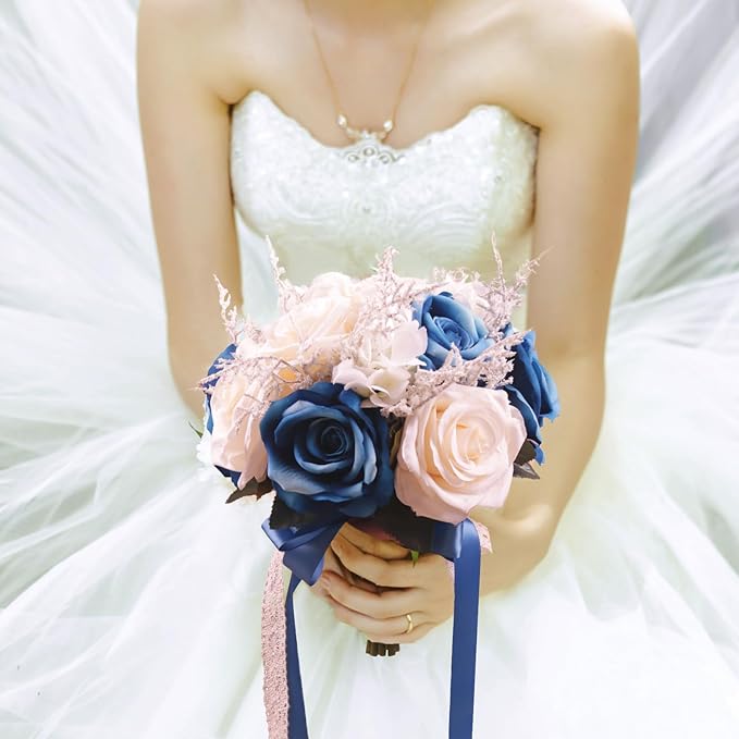 LEIFENY Wedding Bouquets for Bride, Champagne White & Royal Blue Bridal Bridesmaid Wedding Flowers, Artificial Toss Rose for Civil Ceremony (Hollow Lace Ribbon Handle)
