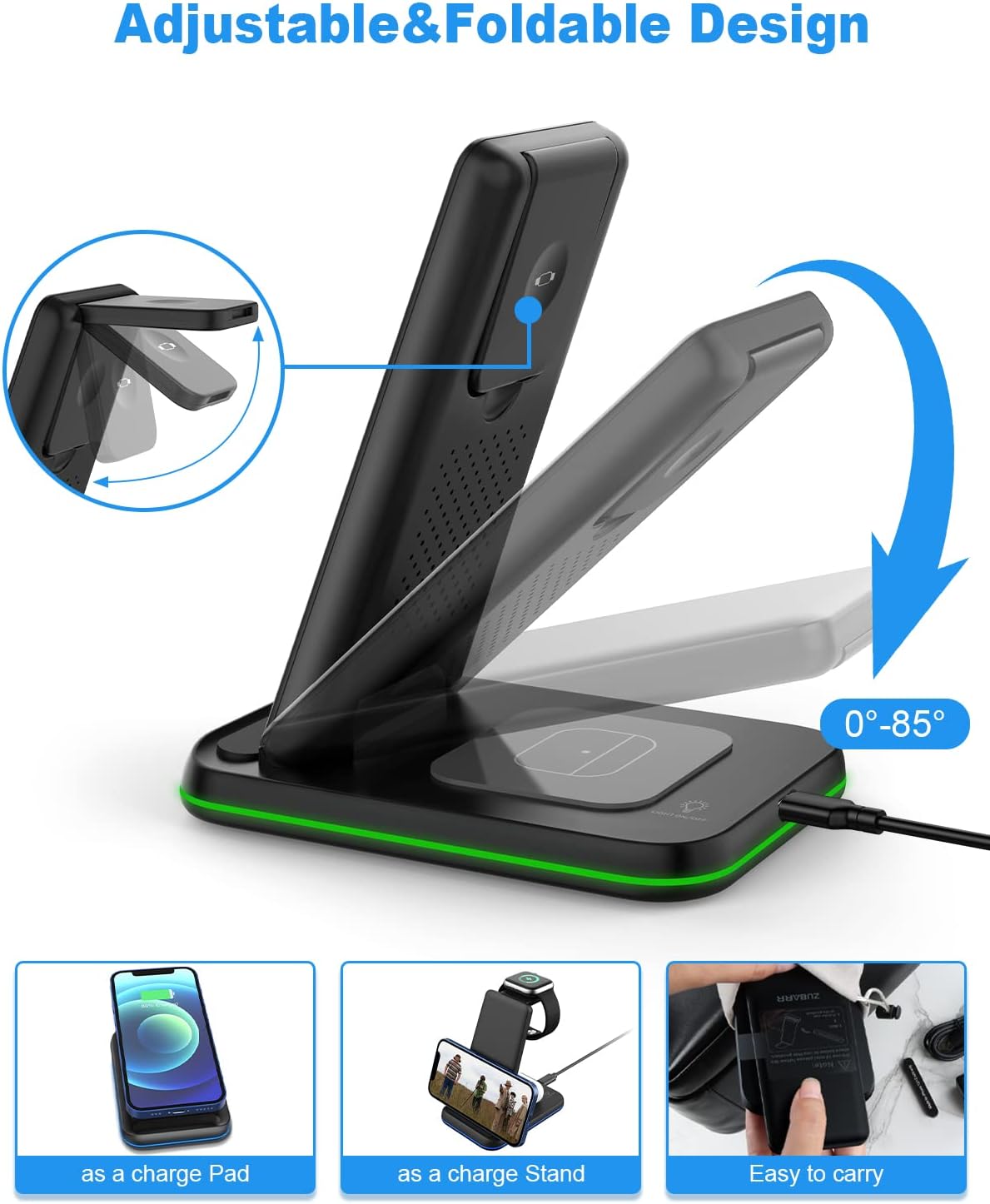 Foldable Wireless Charger 3 in 1 Charging Station for Multiple Devices, Compatible with iPhone 16 15 14 13 12 11