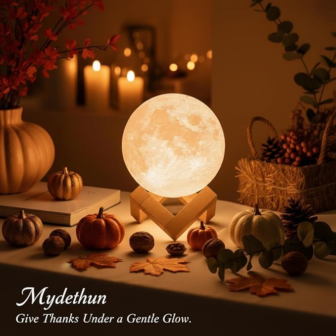Mydethun Moon Lamp - 3D Printed LED Night Light 4.7' with Wooden Base, White Elephant Gift for Women, Mom, Kids, Christmas Thanksgiving Table Decor Touch-Dimmable & Dual-Color, White & Yellow