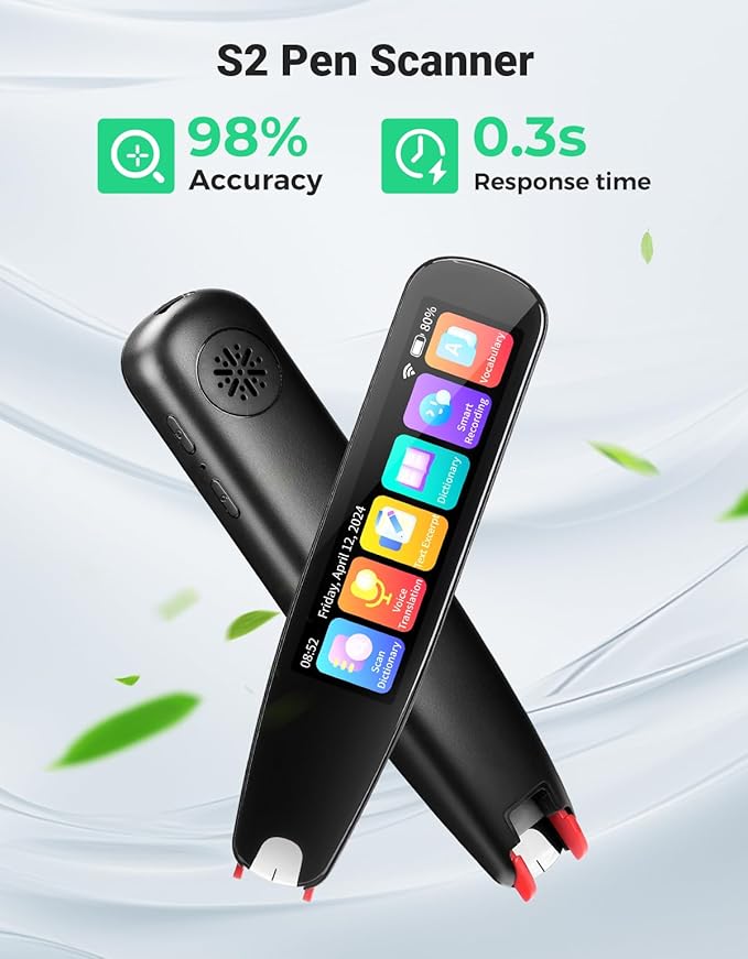SVANTTO S2 Reader Translator Pen Scanner, Text to Speech Device for Dyslexia, OCR Digital Highlighter Pen, Exam, Bluetooth Langage Translator, No Monthly Fee（Black）