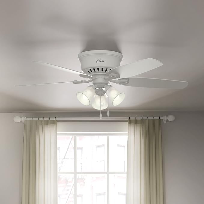 Hunter 52 inch Indoor Ceiling Fan with LED Lights - White Ceiling Fan with Pull Chain, For Bedroom, Living Room, or Kitchen, Low Profile Mount, No Remote, 5 Blades - Builder 53326, Snow White