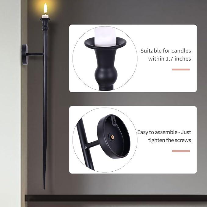 Candle Sconces Long Wall Candle Holder - Set of 2 Black Long Wall Candle Sconce Retro Chic Wall Sconces Candle Holder Decoration for Dining Room, Living Room, Office, Bathroom
